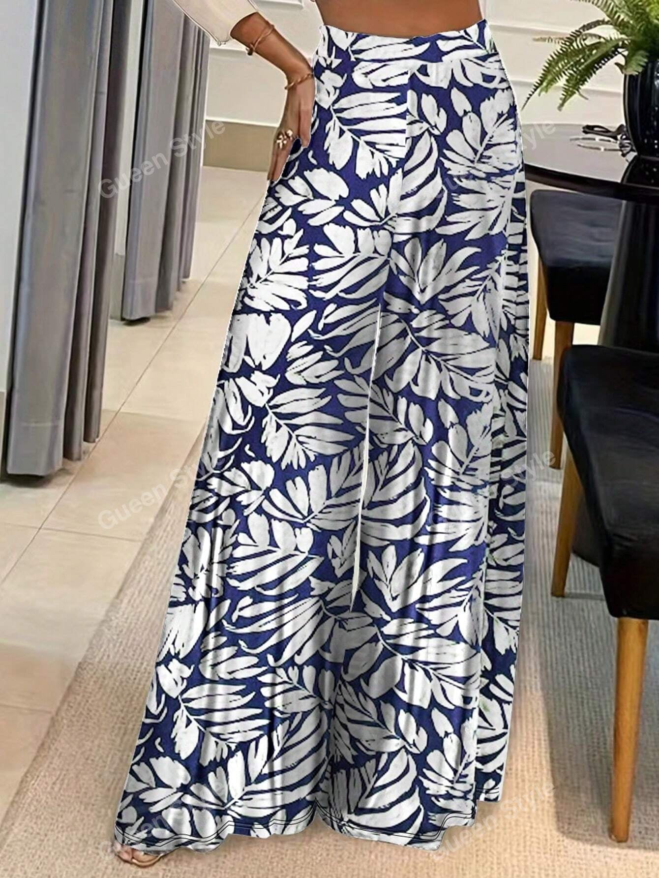 Elegant Geometric Print Loose Wide Leg Fashionable Pants for Women Autumn/Winter Wear