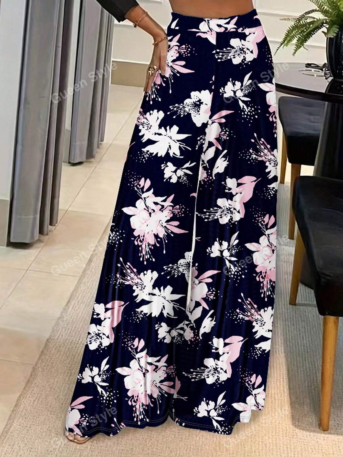 Elegant Geometric Print Loose Wide Leg Fashionable Pants for Women Autumn/Winter Wear