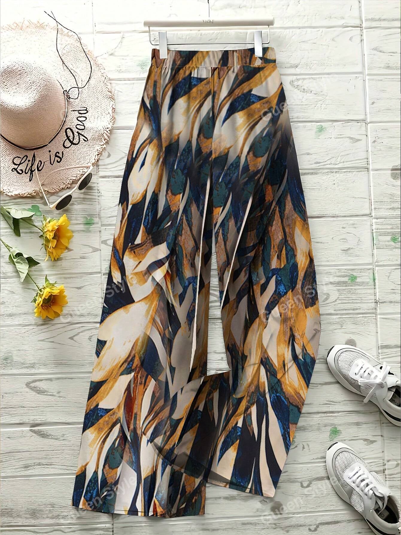 Elegant Geometric Print Loose Wide Leg Fashionable Pants for Women Autumn/Winter Wear