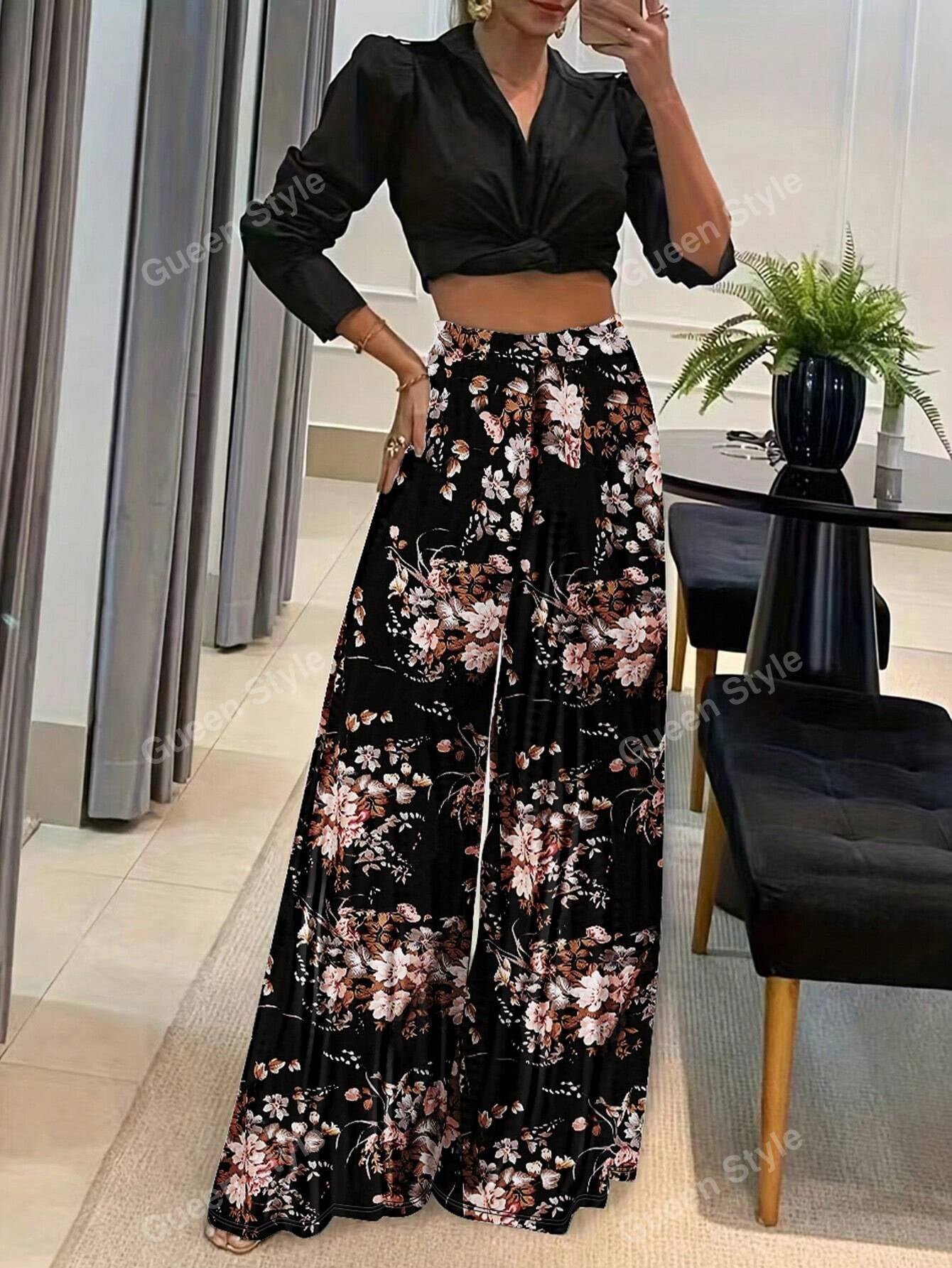 Elegant Geometric Print Loose Wide Leg Fashionable Pants for Women Autumn/Winter Wear