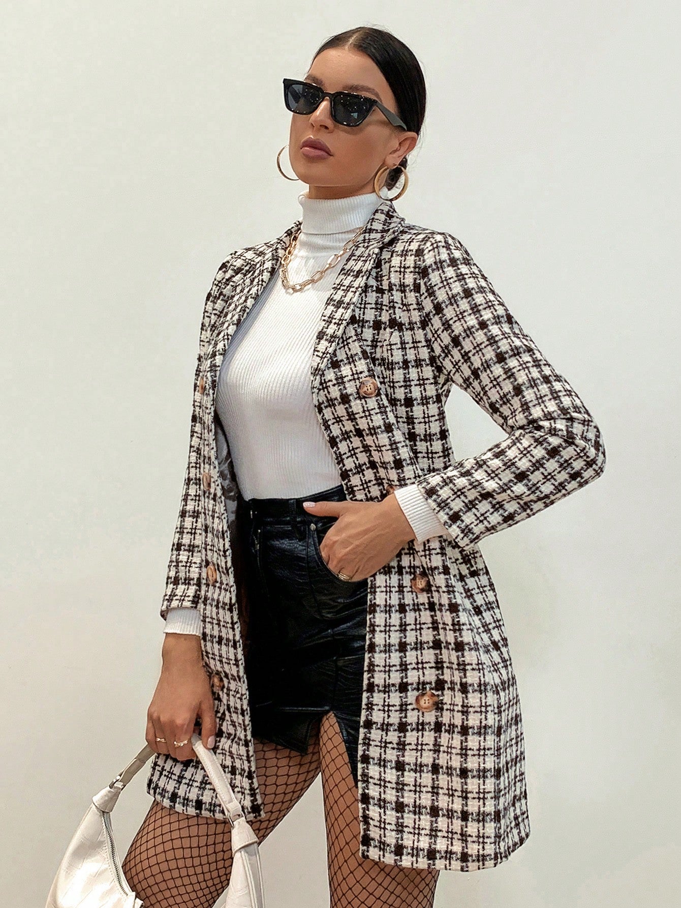 SHEIN Modichic Plaid Pattern Double Breasted Tweed Overcoat Workwear