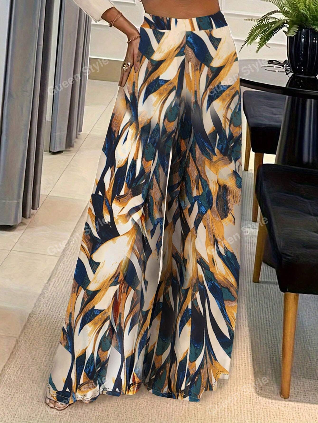 Elegant Geometric Print Loose Wide Leg Fashionable Pants for Women Autumn/Winter Wear