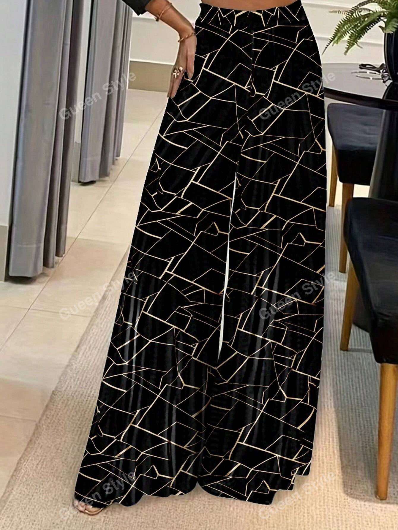 Elegant Geometric Print Loose Wide Leg Fashionable Pants for Women Autumn/Winter Wear